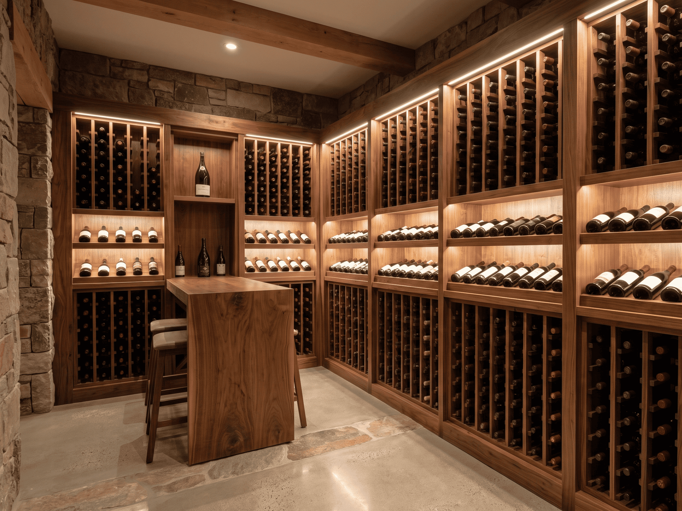 Elegant wine cellar with wooden racks and ambient lighting at Example Co.