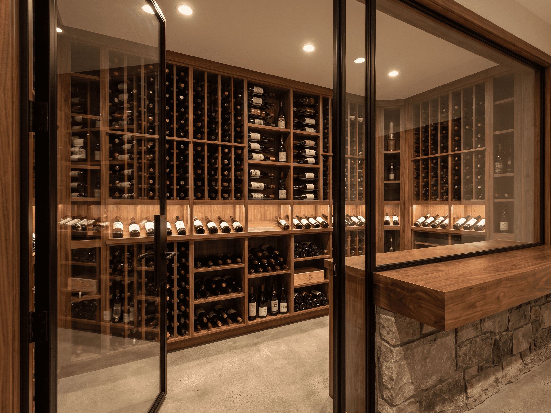 Elegant wine cellar with wooden racks filled with wine bottles at Example Co.
