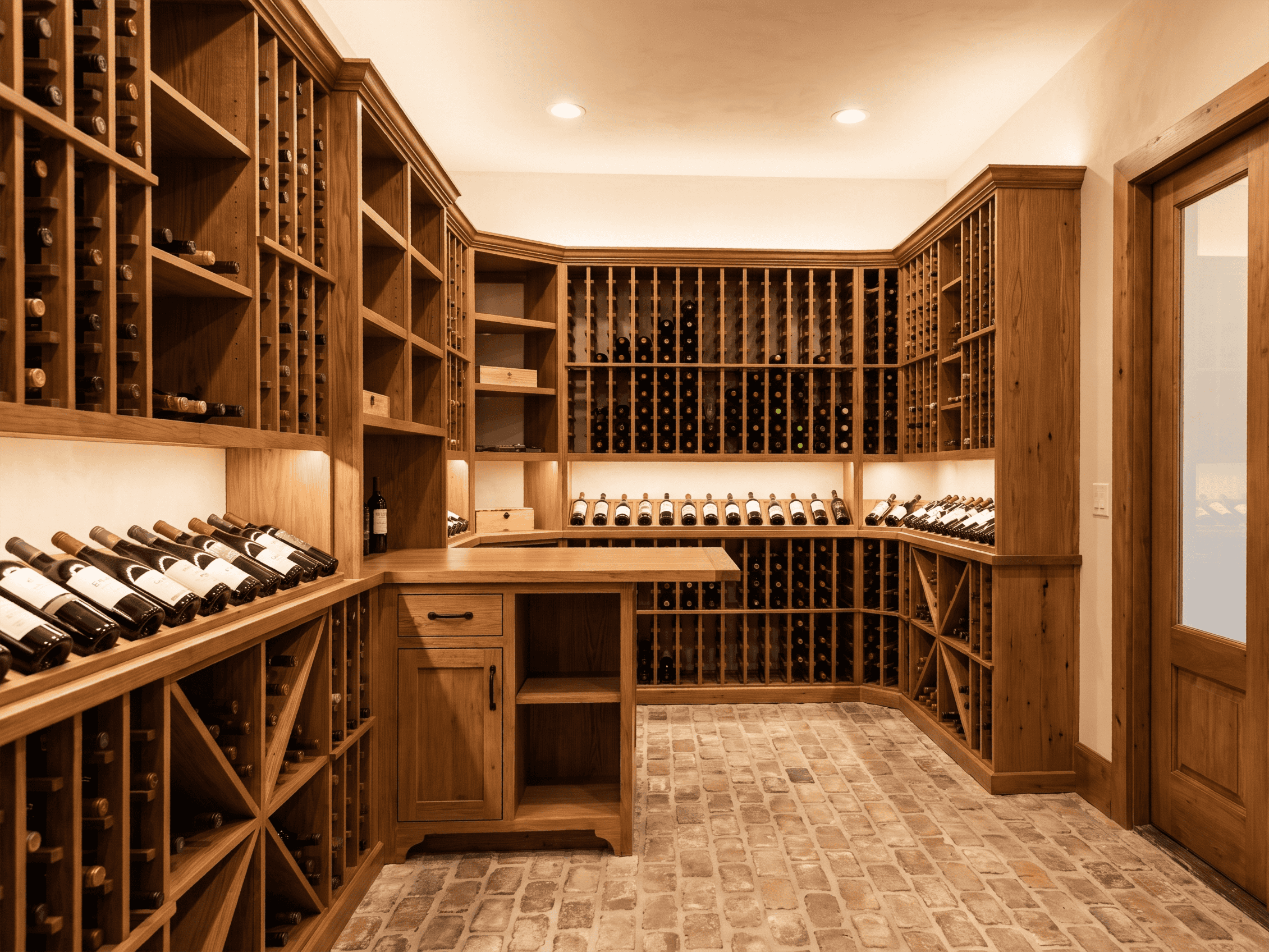 Elegant wine cellar with wooden racks filled with wine bottles at Example Co.