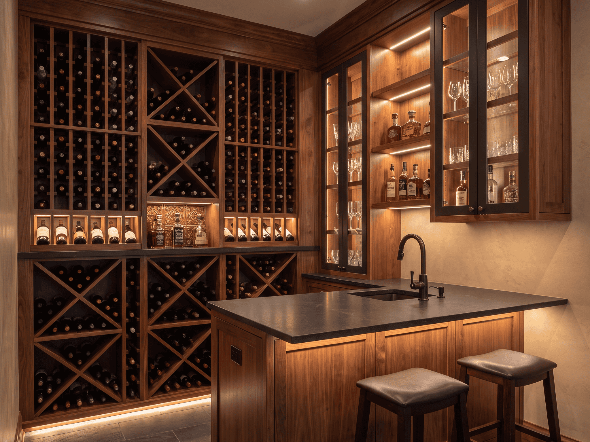 Luxurious wine cellar with wooden racks, glass cabinets, and a small bar area.
