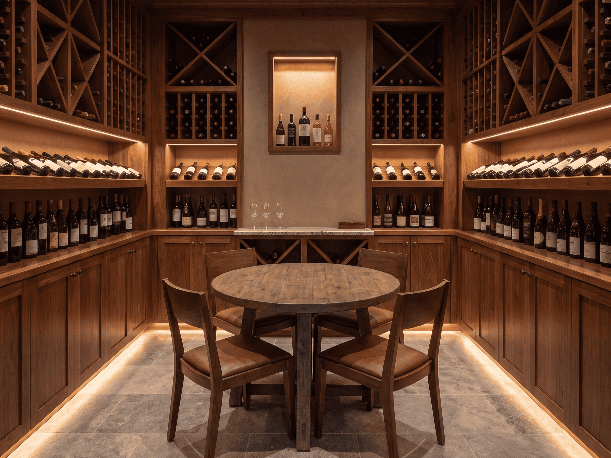 Elegant wine cellar with wooden racks and a round table for tastings at Example Co.