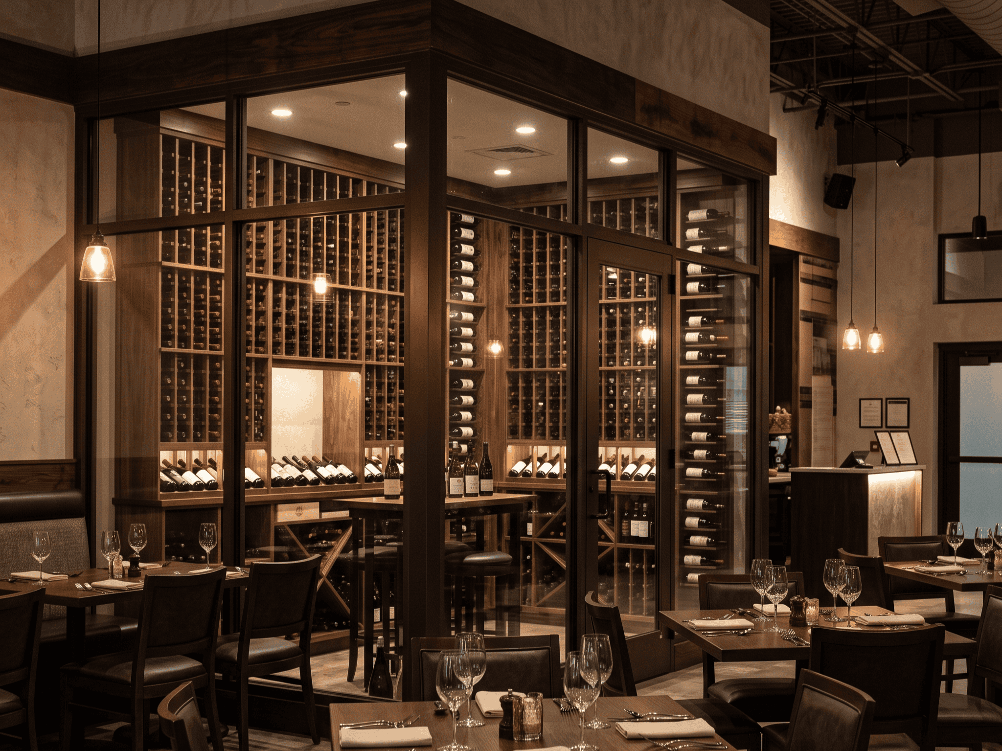 Modern wine cellar with wooden racks and cozy dining area for wine tasting.