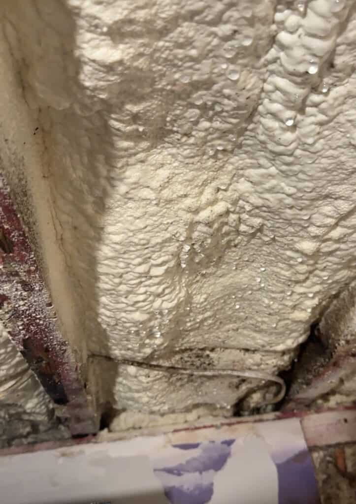 Water droplets condensing on the surface of closed cell spray foam in a wine cellar